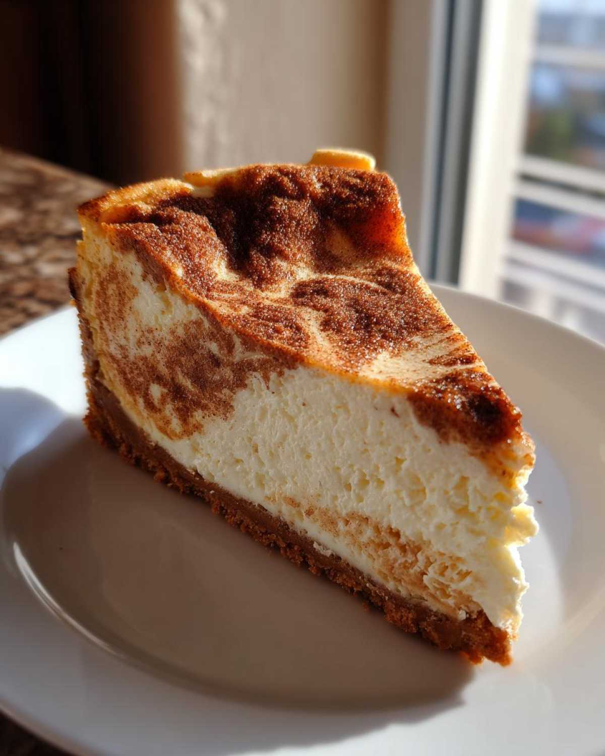 A close-up of a perfect slice of snickerdoodle cheesecake with a cinnamon swirl top on a white plate.