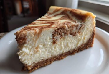 A close-up of a creamy slice of snickerdoodle cheesecake with a cinnamon swirl topping and graham cracker crust.