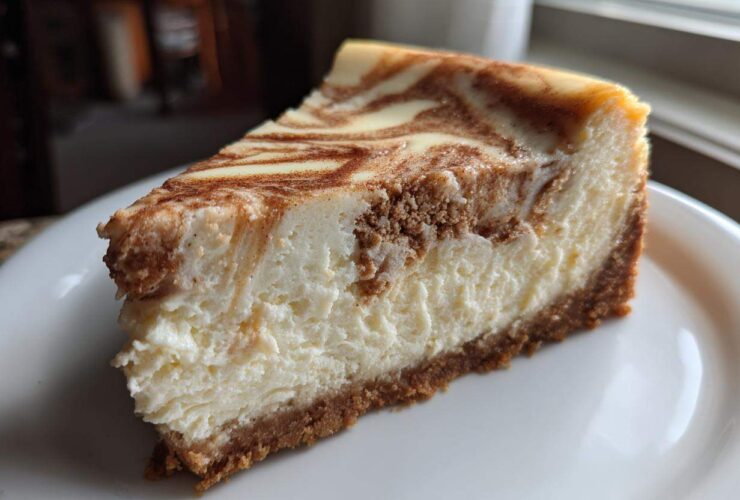 A close-up of a creamy slice of snickerdoodle cheesecake with a cinnamon swirl topping and graham cracker crust.