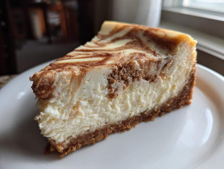 A close-up of a creamy slice of snickerdoodle cheesecake with a cinnamon swirl topping and graham cracker crust.