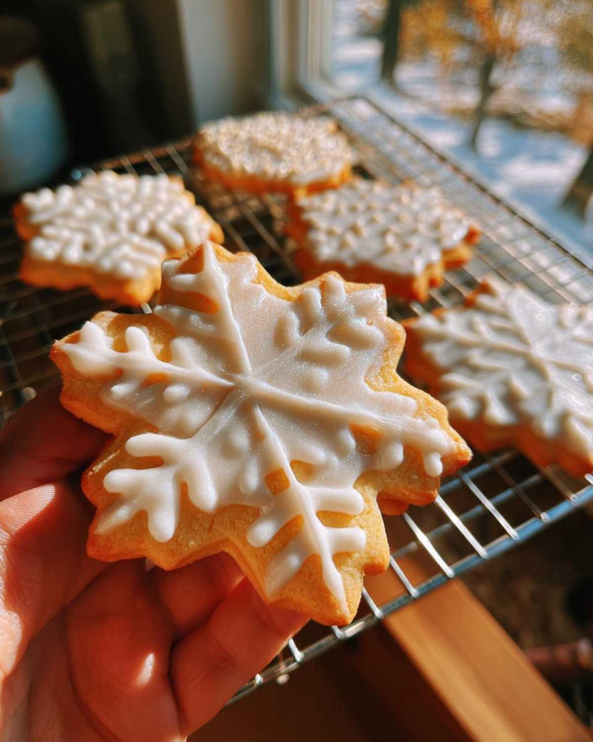 Hand holding a perfectly iced snowflake sugar cookie featuring a shiny white cookie icing recipe.