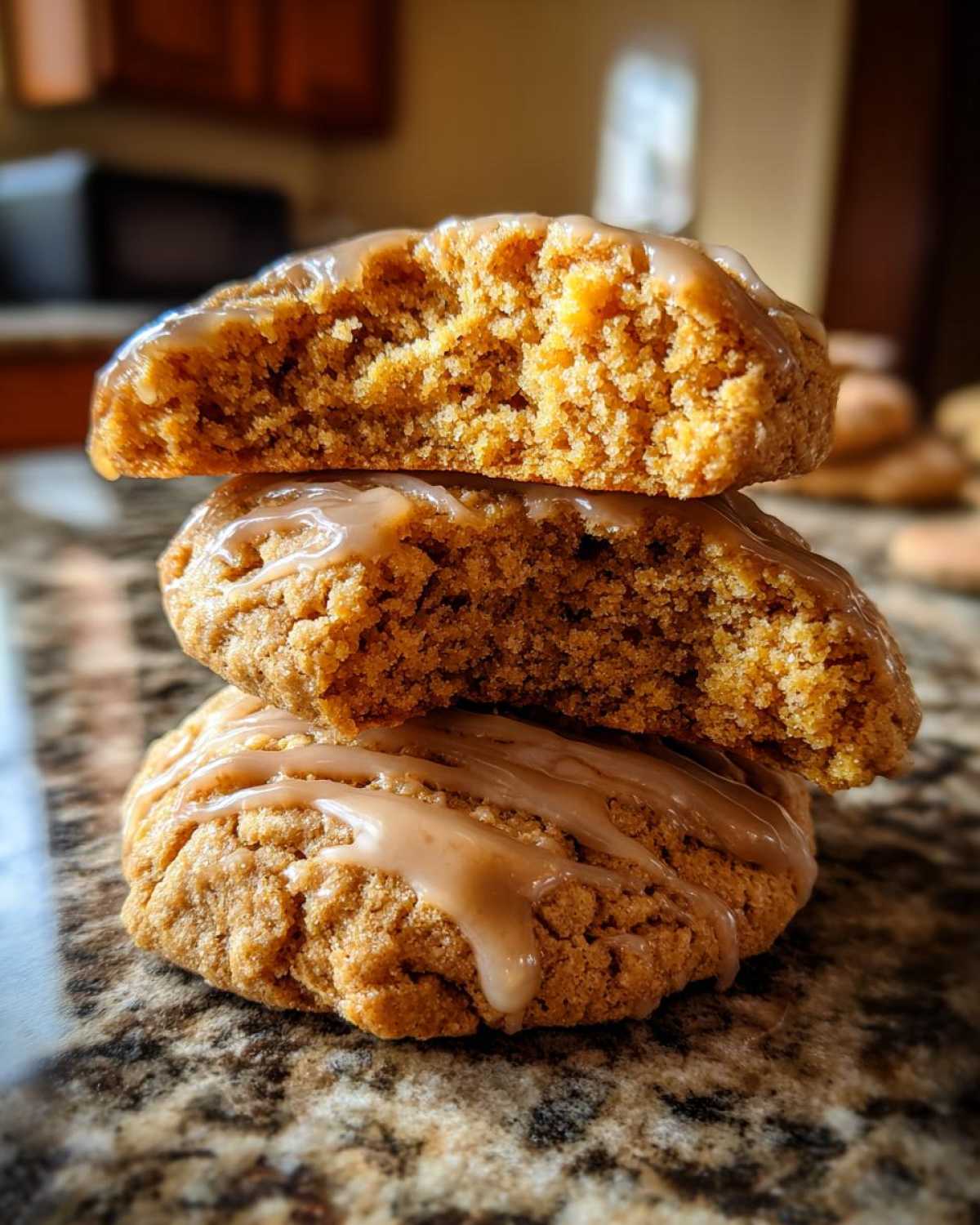 Close-up of stacked soft maple cookies, one broken in half showing the texture, drizzled with brown butter glaze.