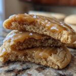 Cross-section view of two stacked soft maple cookies topped with gooey caramel glaze and sea salt flakes.