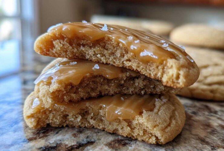 Cross-section view of two stacked soft maple cookies topped with gooey caramel glaze and sea salt flakes.