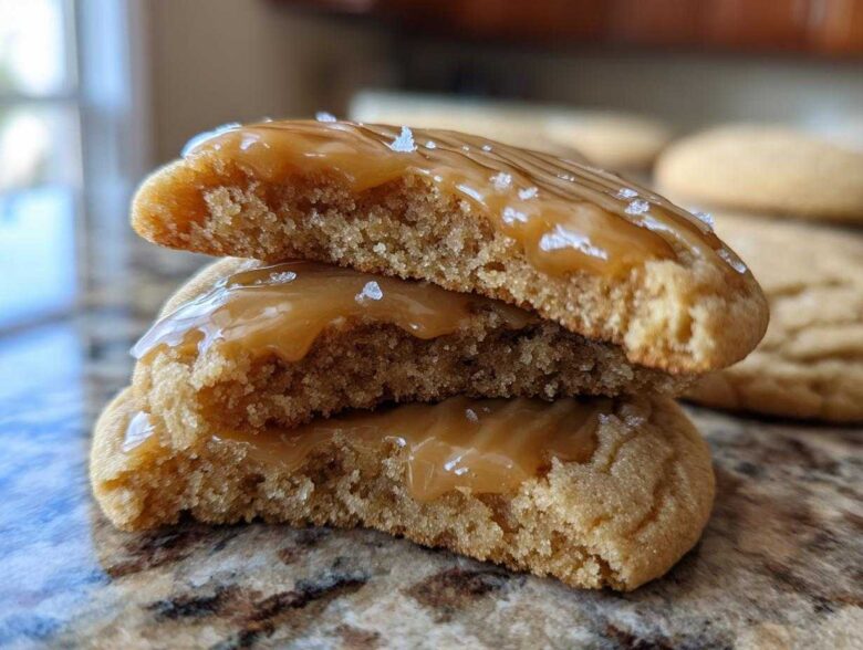 Cross-section view of two stacked soft maple cookies topped with gooey caramel glaze and sea salt flakes.