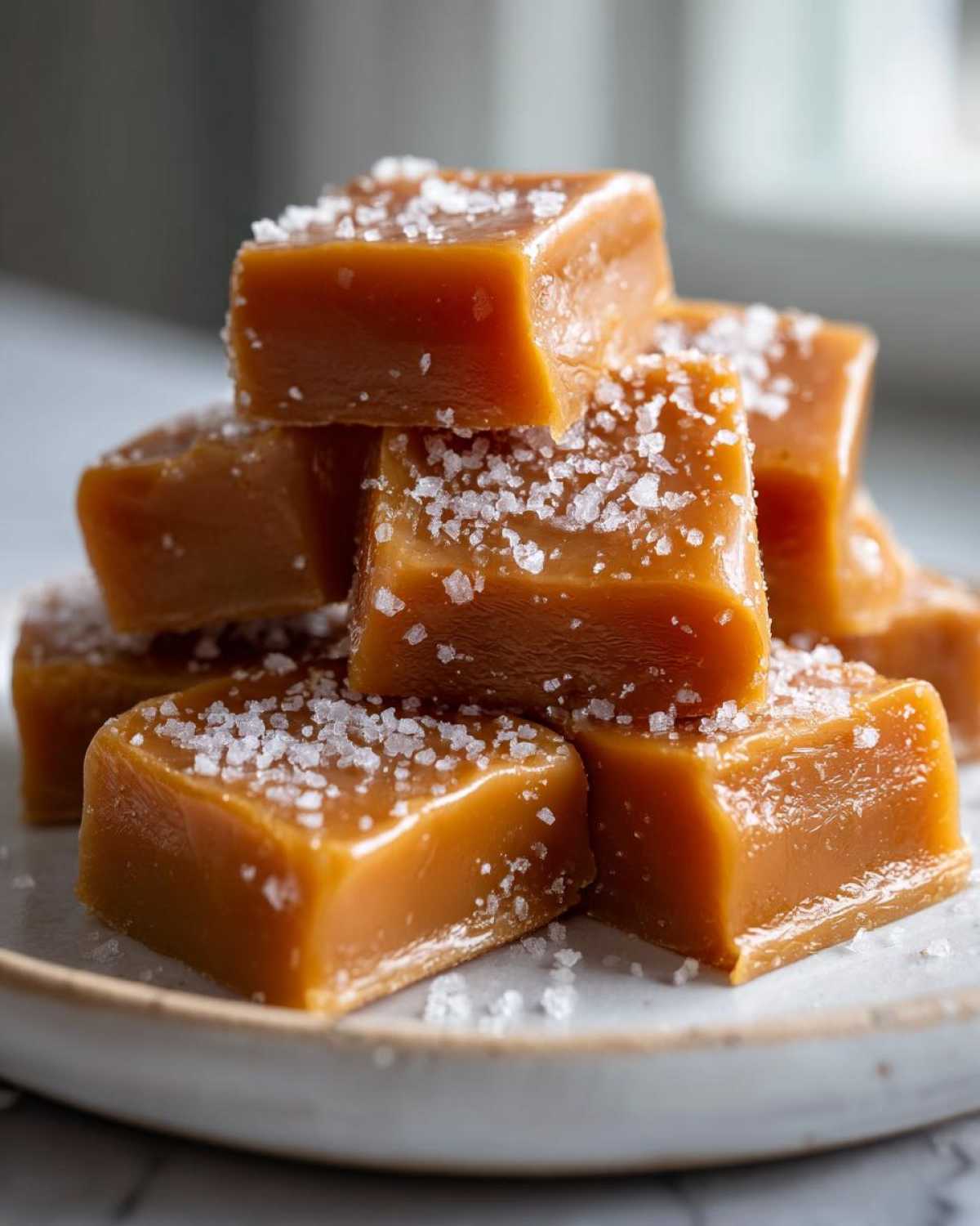 A stack of soft, chewy, golden-brown caramels topped generously with flaky sea salt.