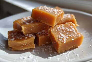 Close-up of soft, chewy caramels sprinkled with flaky sea salt, piled on a light-colored plate.
