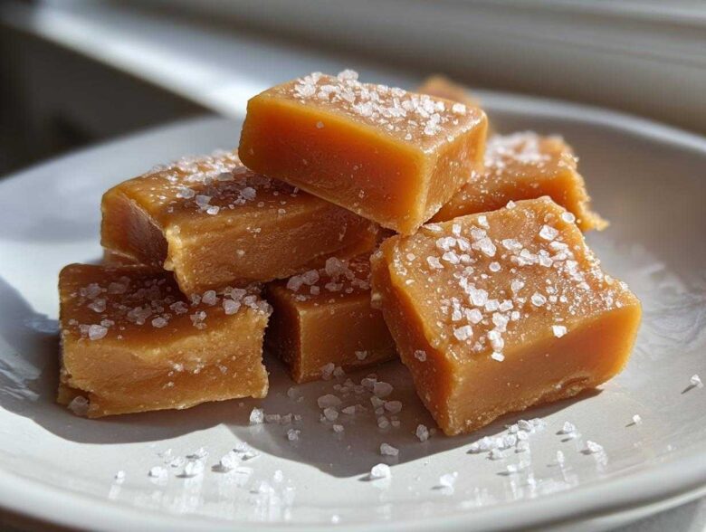 Close-up of soft, chewy caramels sprinkled with flaky sea salt, piled on a light-colored plate.