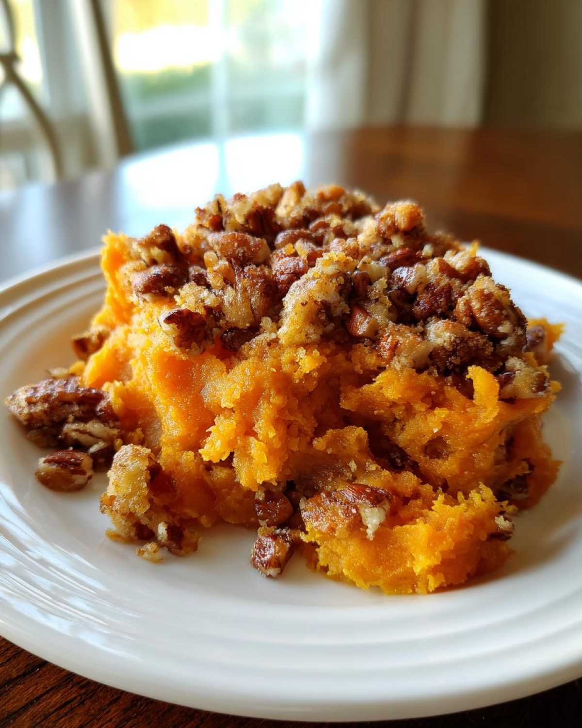A scoop of bright orange southern sweet potato casserole topped with a crunchy pecan streusel topping on a white plate.