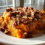 A close-up serving of rich, orange southern sweet potato casserole topped generously with a crunchy pecan streusel topping.