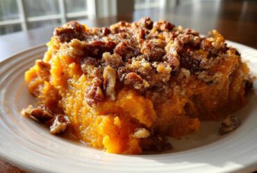 A close-up serving of rich, orange southern sweet potato casserole topped generously with a crunchy pecan streusel topping.