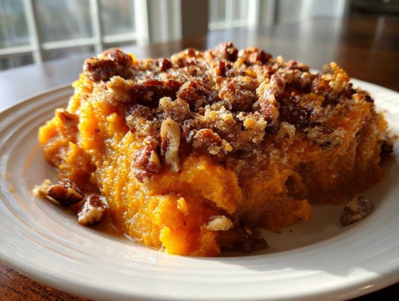 A close-up serving of rich, orange southern sweet potato casserole topped generously with a crunchy pecan streusel topping.