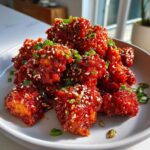 Close-up of crispy Korean fried chicken recipe pieces coated in a glossy red spicy sauce, topped with sesame seeds and green onions.