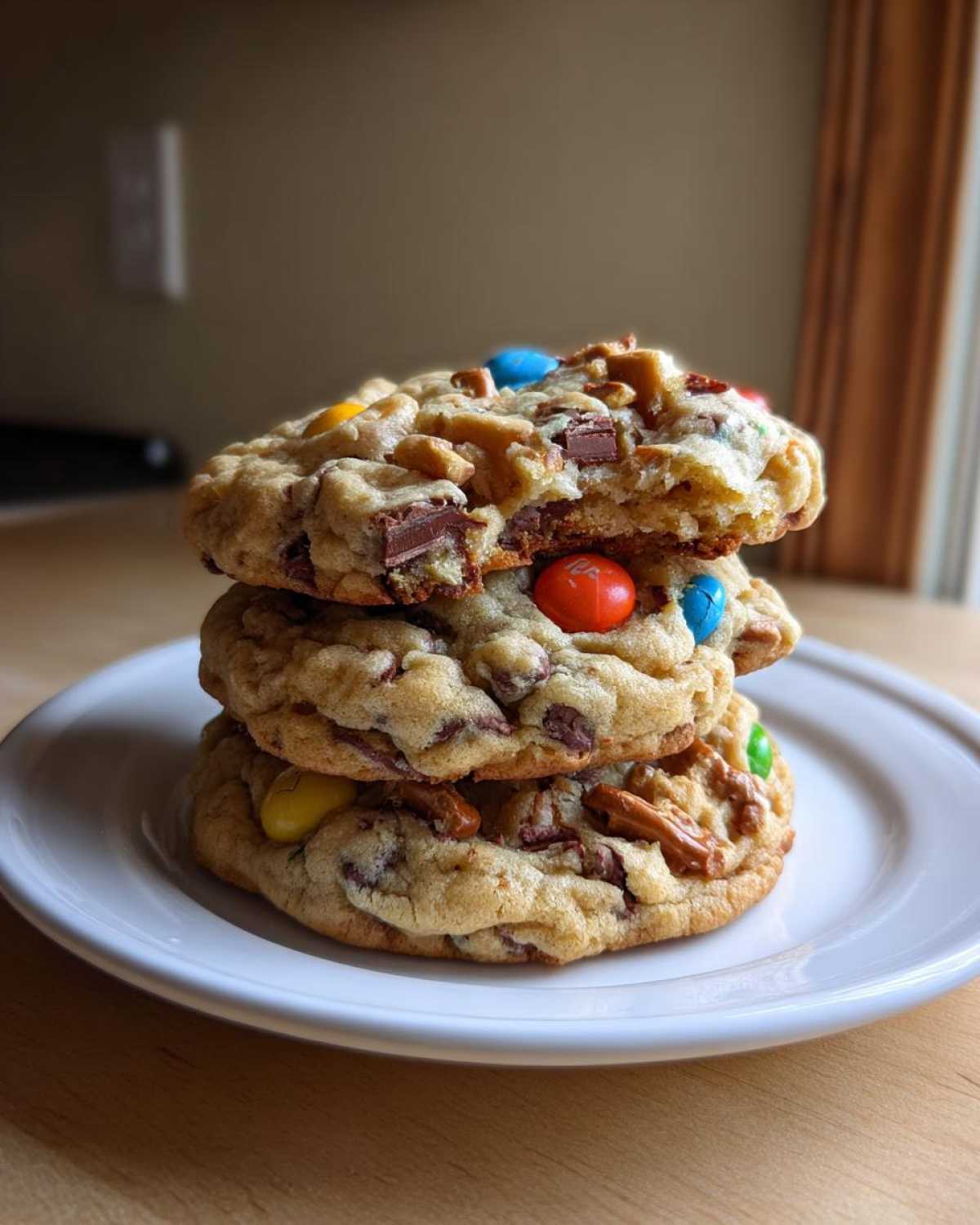 A stack of three chewy kitchen sink cookies loaded with chocolate chunks, M&Ms, and nuts on a white plate.