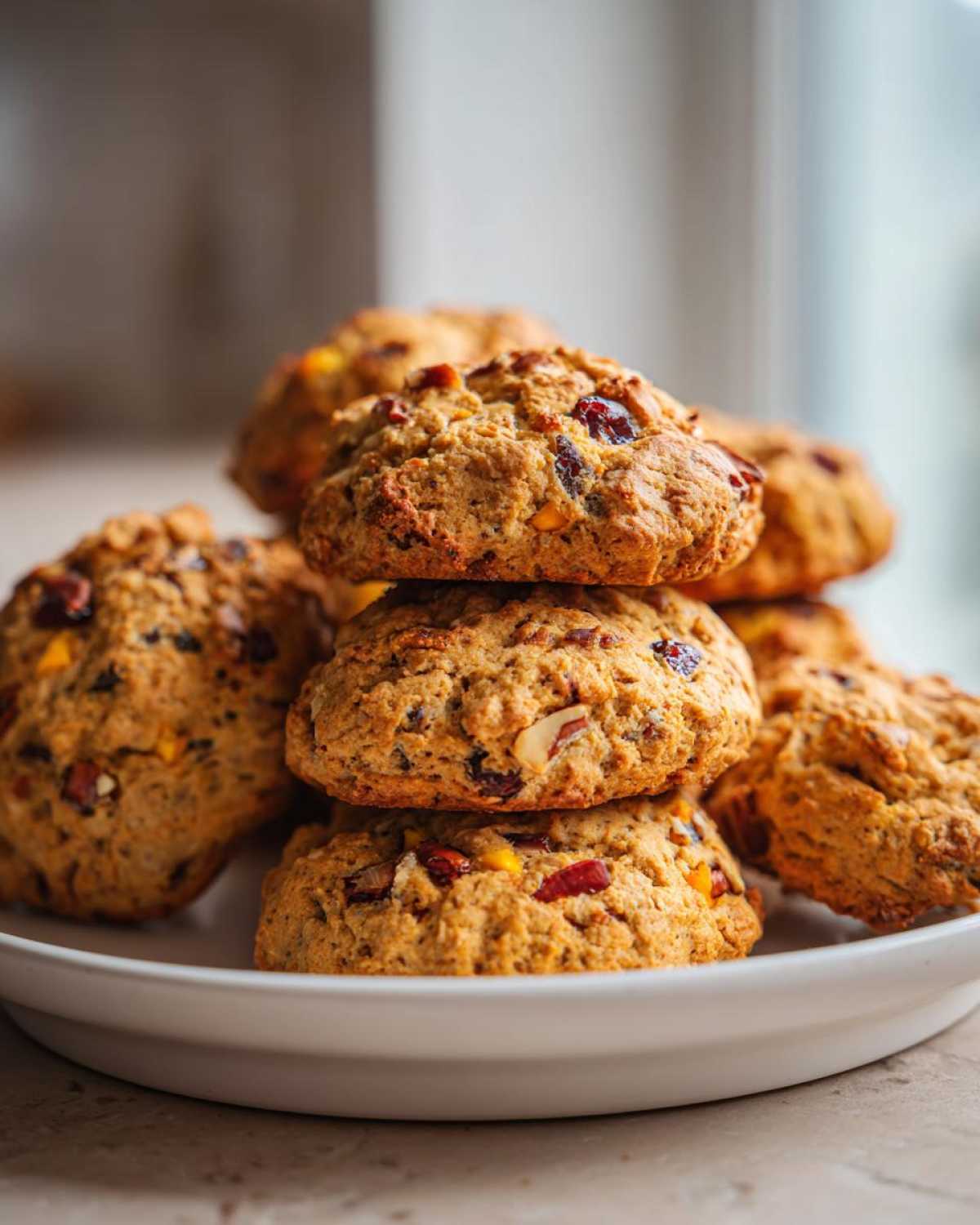 A close-up stack of freshly baked fruitcake cookies loaded with dried fruit and nuts, resting on a white plate.