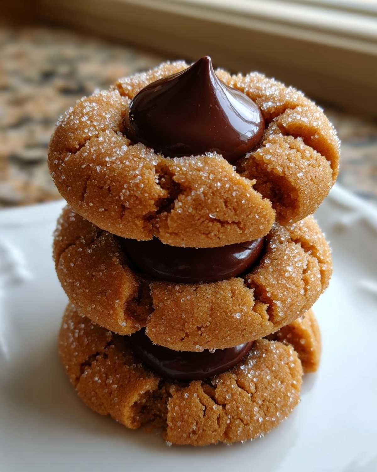 A vertical stack of three sugary peanut butter blossom cookies, each topped with a chocolate kiss.