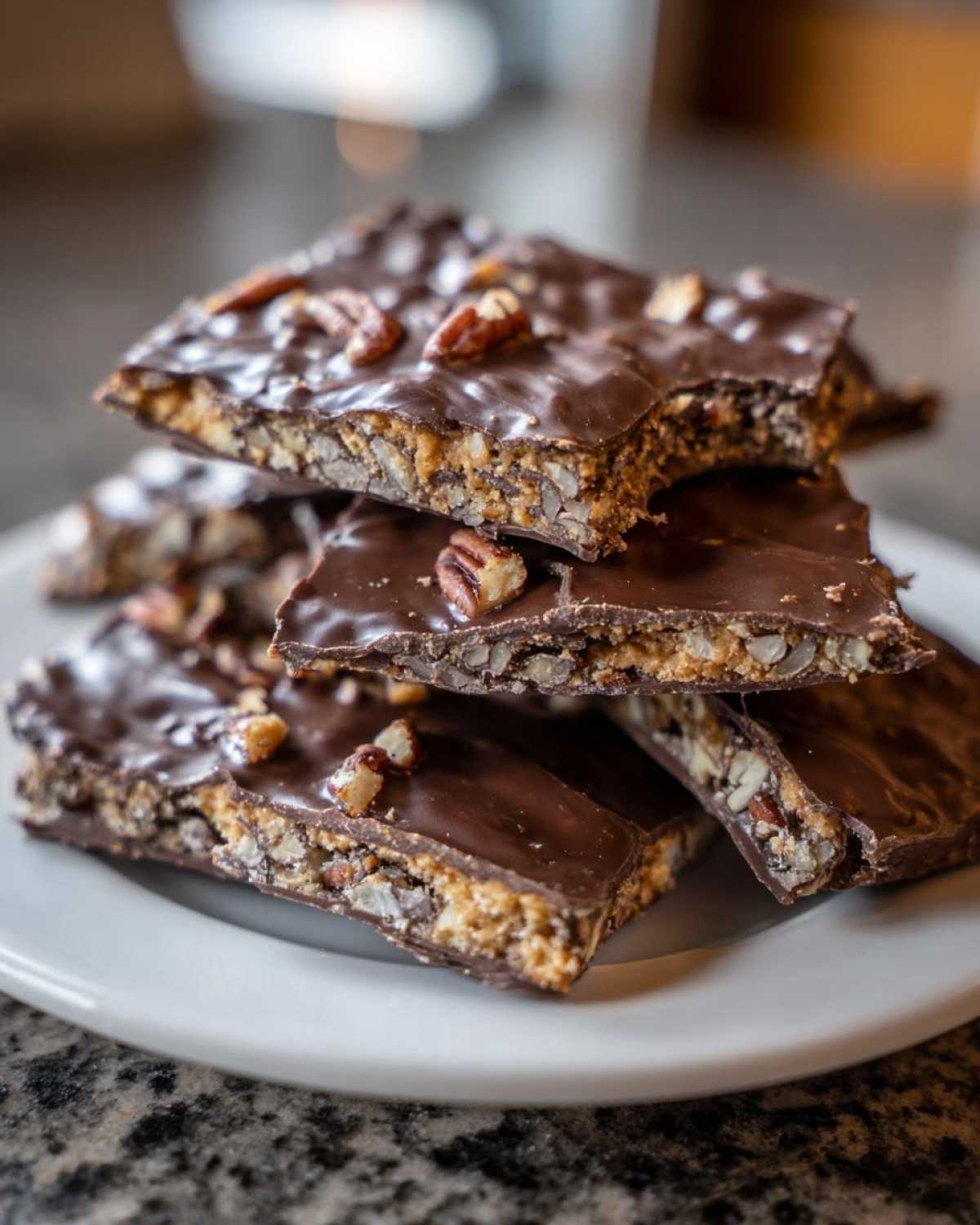 Close-up of stacked pieces of graham cracker toffee covered in chocolate and topped with pecans.