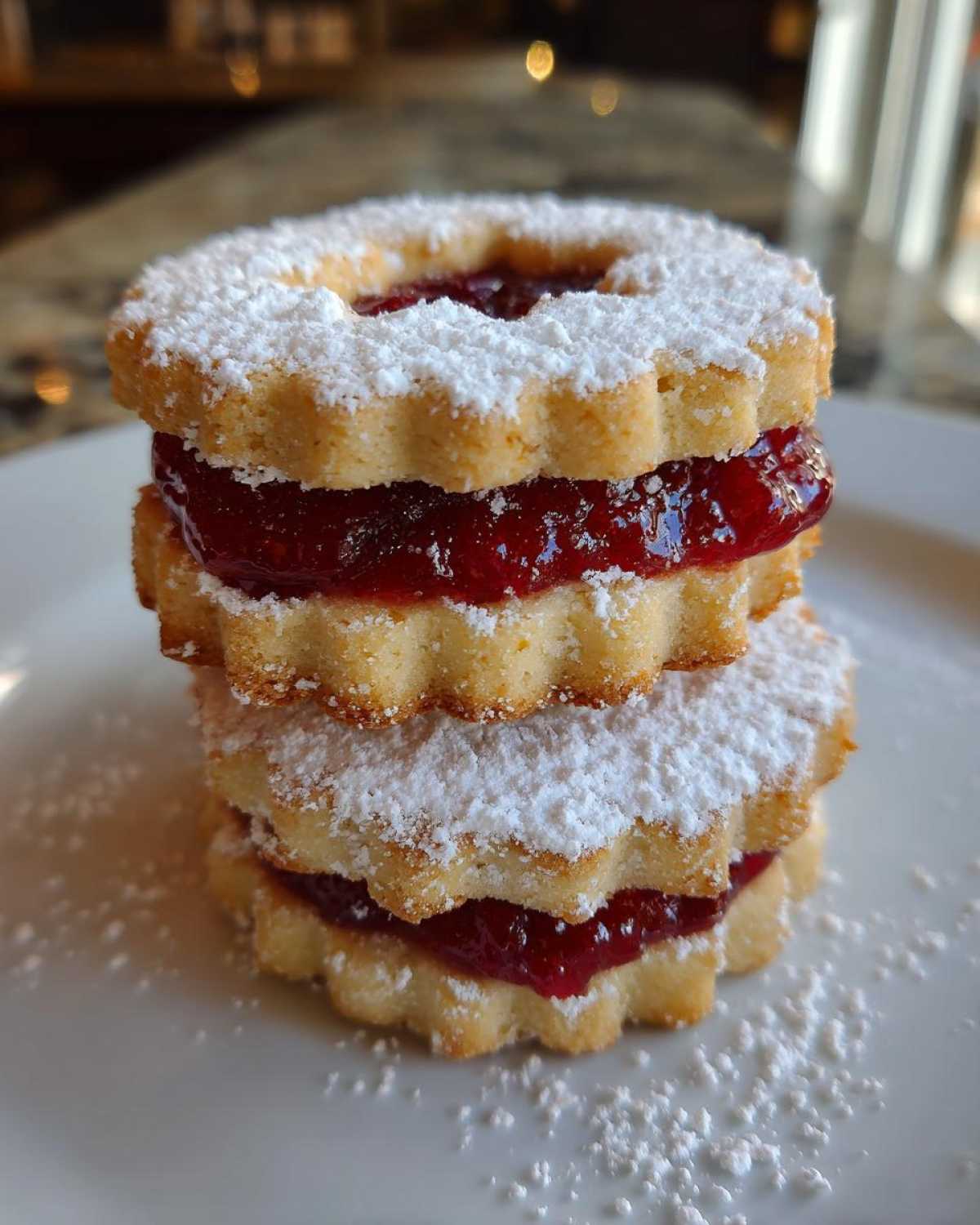 Close-up of two stacked linzer cookies filled with bright red jam and dusted heavily with powdered sugar.