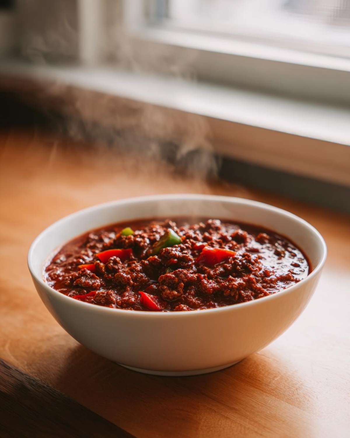 A white bowl filled with steaming, rich, meaty best chili recipe, garnished with red and green peppers.
