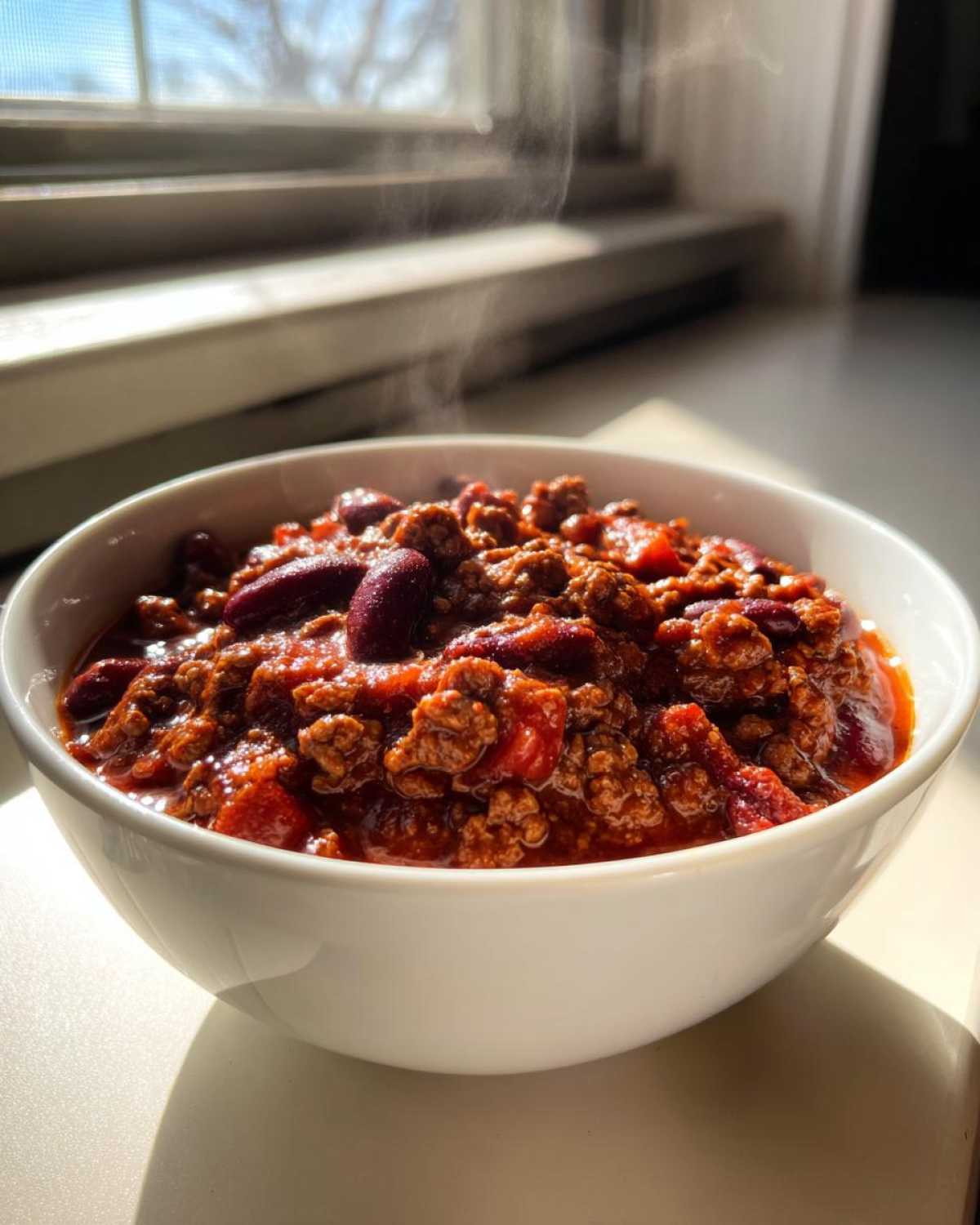 A white bowl filled with hot, steaming chili featuring ground meat and kidney beans, backlit by a window.