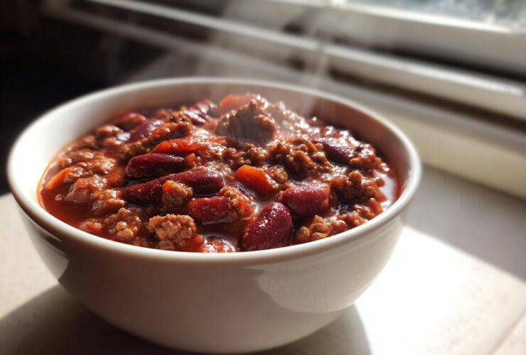 Close-up of a steaming white bowl filled with hearty chili, featuring ground meat and red kidney beans.