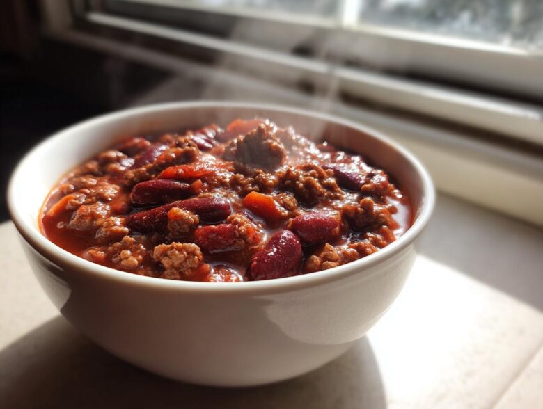 Close-up of a steaming white bowl filled with hearty chili, featuring ground meat and red kidney beans.