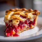 Close-up of a juicy slice of strawberry rhubarb pie showing the bright red filling and flaky lattice crust.