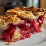 Close-up of a juicy slice of strawberry rhubarb pie showing bright red filling and golden, flaky lattice crust.