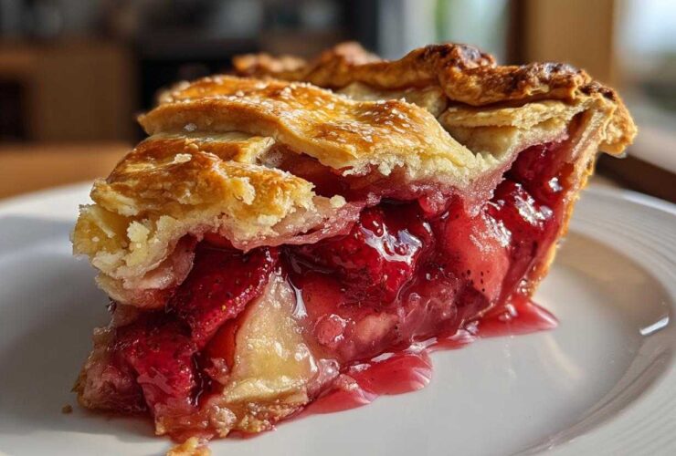 Close-up of a juicy slice of strawberry rhubarb pie showing bright red filling and golden, flaky lattice crust.