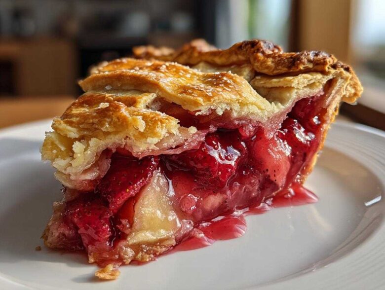 Close-up of a juicy slice of strawberry rhubarb pie showing bright red filling and golden, flaky lattice crust.