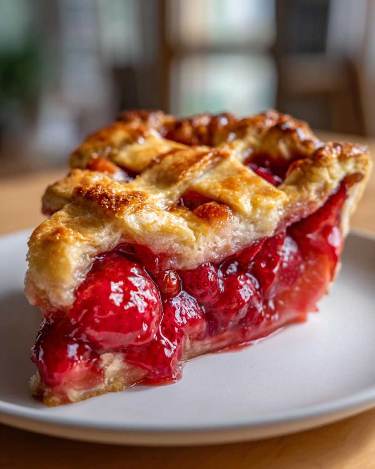 Close-up of a juicy slice of strawberry rhubarb pie showing the bright red filling and golden lattice crust.