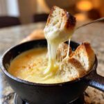 A piece of crusty bread being dipped into smooth, melted cheese fondue, showing long cheese pulls.
