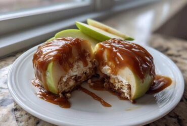 A green apple stuffed with filling, cut in half, and generously topped with thick caramel sauce, resembling amazing caramel apples.
