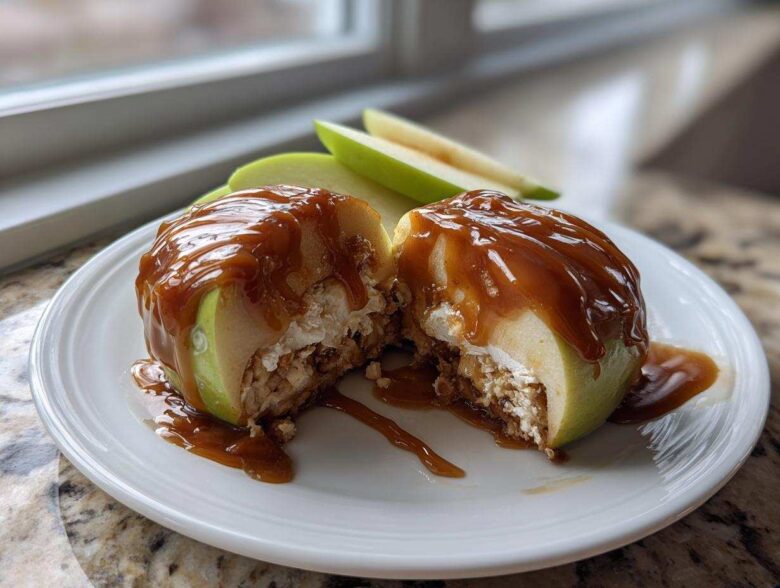 A green apple stuffed with filling, cut in half, and generously topped with thick caramel sauce, resembling amazing caramel apples.