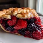 A close-up of a generous slice of triple berry pie showing juicy strawberries, raspberries, and blackberries.