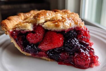 A close-up of a generous slice of triple berry pie showing juicy strawberries, raspberries, and blackberries.