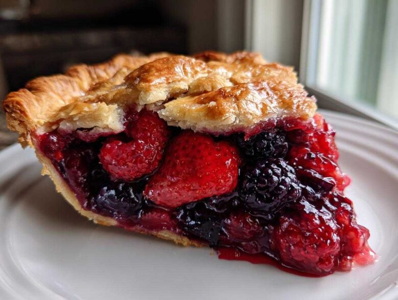 A close-up of a generous slice of triple berry pie showing juicy strawberries, raspberries, and blackberries.