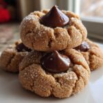 A stack of three freshly baked peanut butter blossom cookies, rolled in sugar and topped with a chocolate kiss.