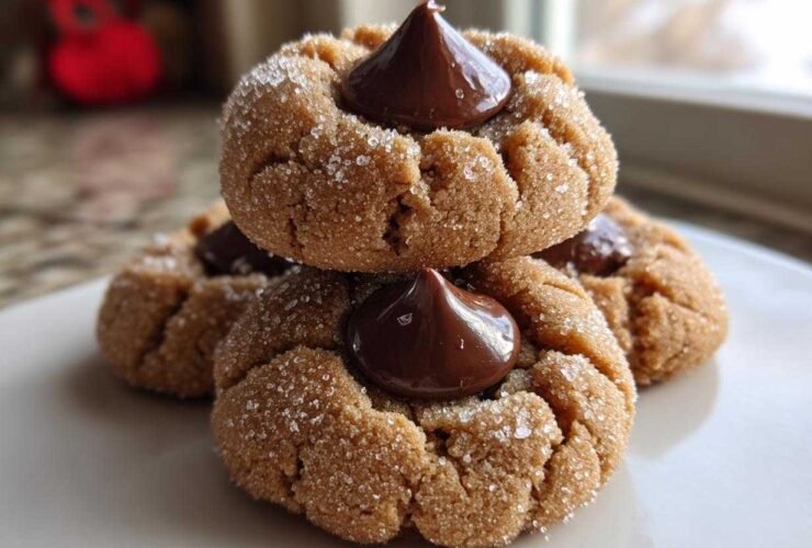 A stack of three freshly baked peanut butter blossom cookies, rolled in sugar and topped with a chocolate kiss.