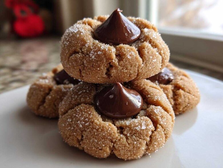 A stack of three freshly baked peanut butter blossom cookies, rolled in sugar and topped with a chocolate kiss.