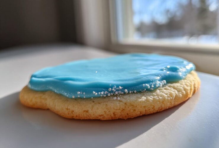 Close-up of a sugar cookie topped with vibrant blue frosting from a sugar cookie icing recipe, sprinkled with white nonpareils.