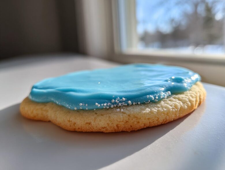 Close-up of a sugar cookie topped with vibrant blue frosting from a sugar cookie icing recipe, sprinkled with white nonpareils.