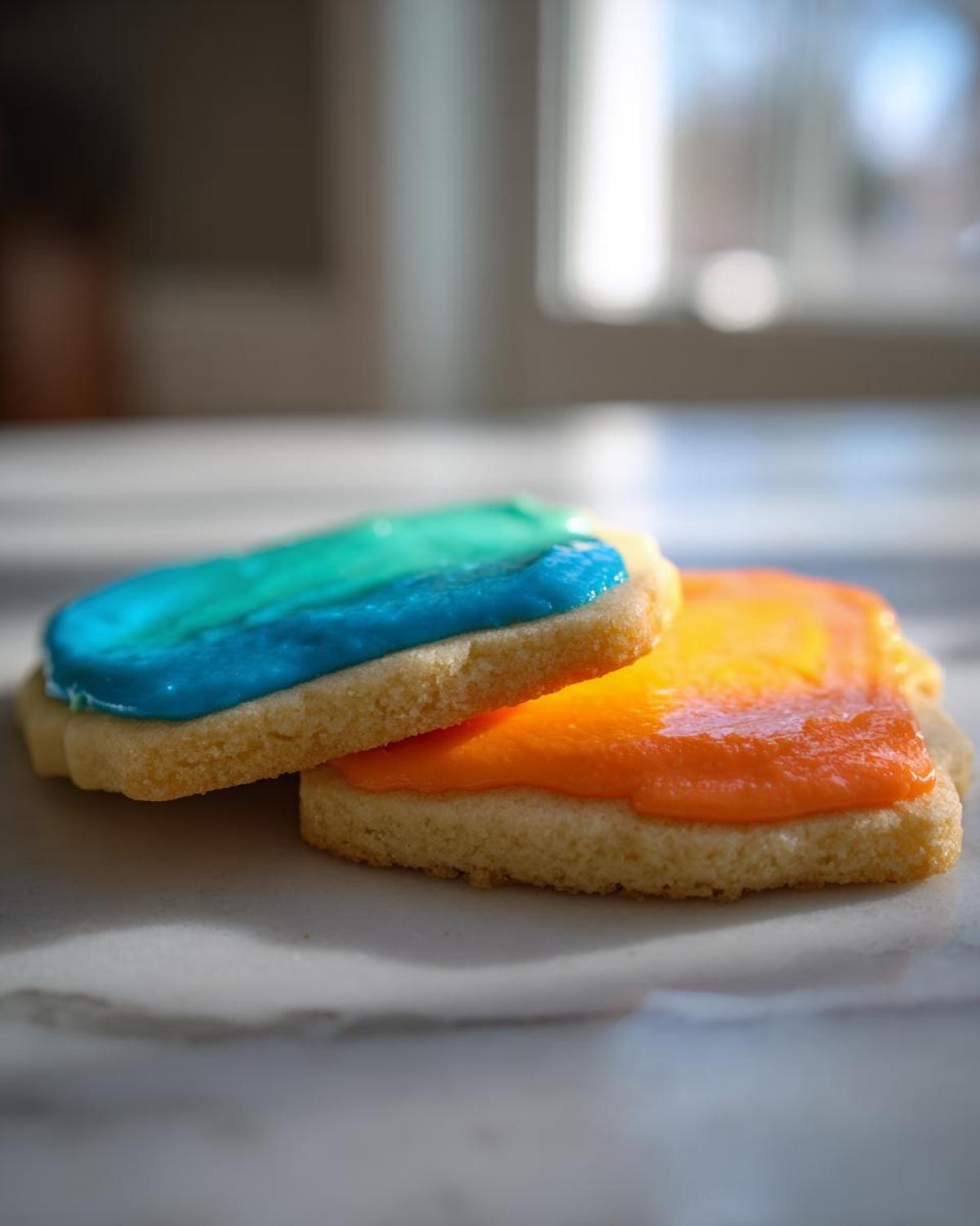 Two sugar cookies topped with bright blue/teal and orange frosting made using the sugar cookie icing recipe.