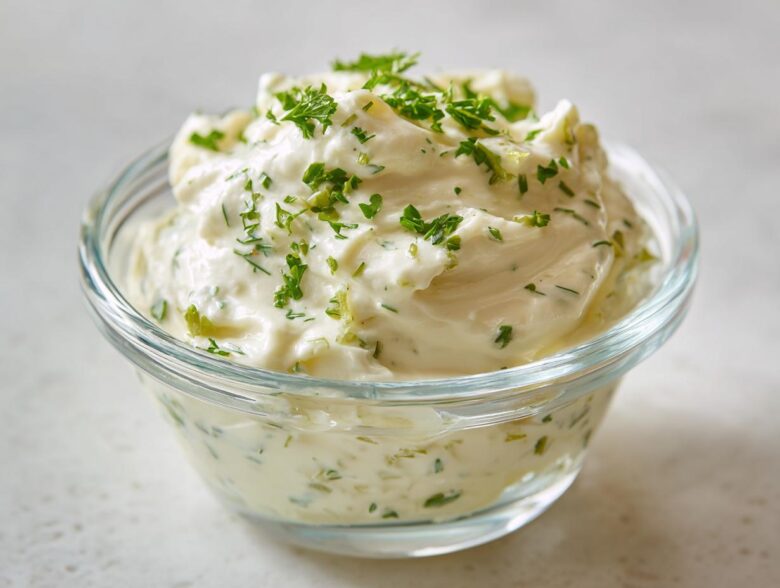 Close-up of creamy homemade tartar sauce recipe garnished with fresh chopped parsley.