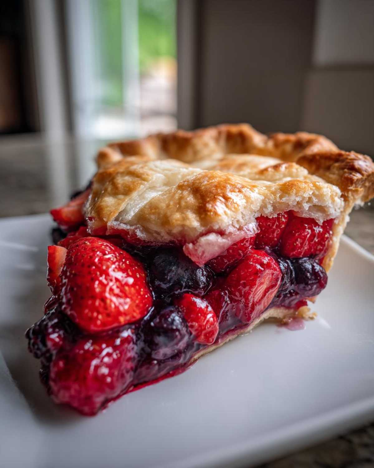 Close-up of a thick slice of triple berry pie showing juicy strawberries and blueberries under a golden, flaky top crust.