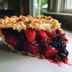 Close-up of a slice of triple berry pie showing juicy strawberries, blueberries, and raspberries in a flaky crust.