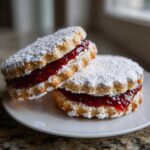 Two stacked linzer cookies filled with bright red raspberry jam and heavily dusted with powdered sugar, sitting on a white plate.