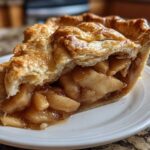 A close-up of a slice from the ultimate apple pie recipe, showing thick, gooey apple filling and a golden, flaky crust.