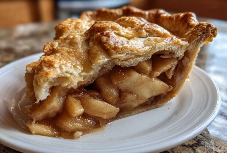 A close-up of a slice from the ultimate apple pie recipe, showing thick, gooey apple filling and a golden, flaky crust.