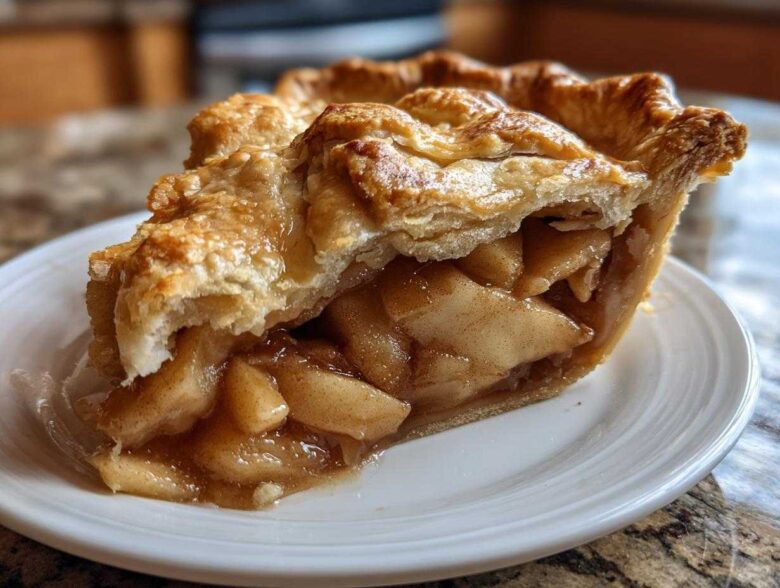 A close-up of a slice from the ultimate apple pie recipe, showing thick, gooey apple filling and a golden, flaky crust.